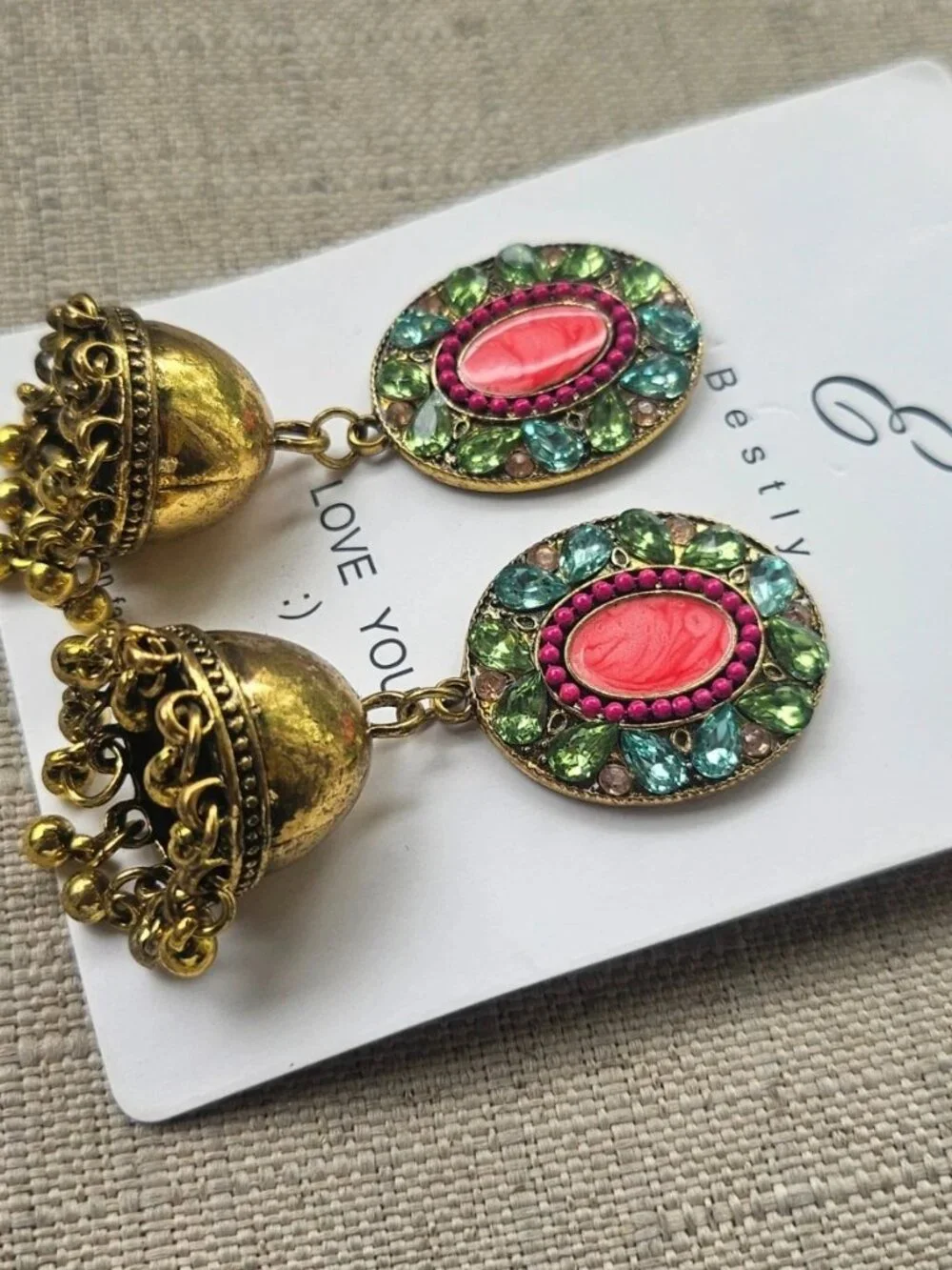 Pakistani Earrings Jhumka Fashion Jewelry Gold Tone Pink Beads Chandelier New - Picture 7 of 13